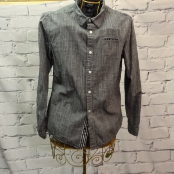 First Wave Long Sleeve Button Down Gray & Black Shirt w/Front Pocket - Picture 2 of 9